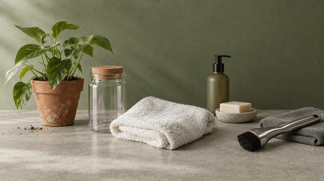 An editorial still life of useful everyday objects in warm natural light.
